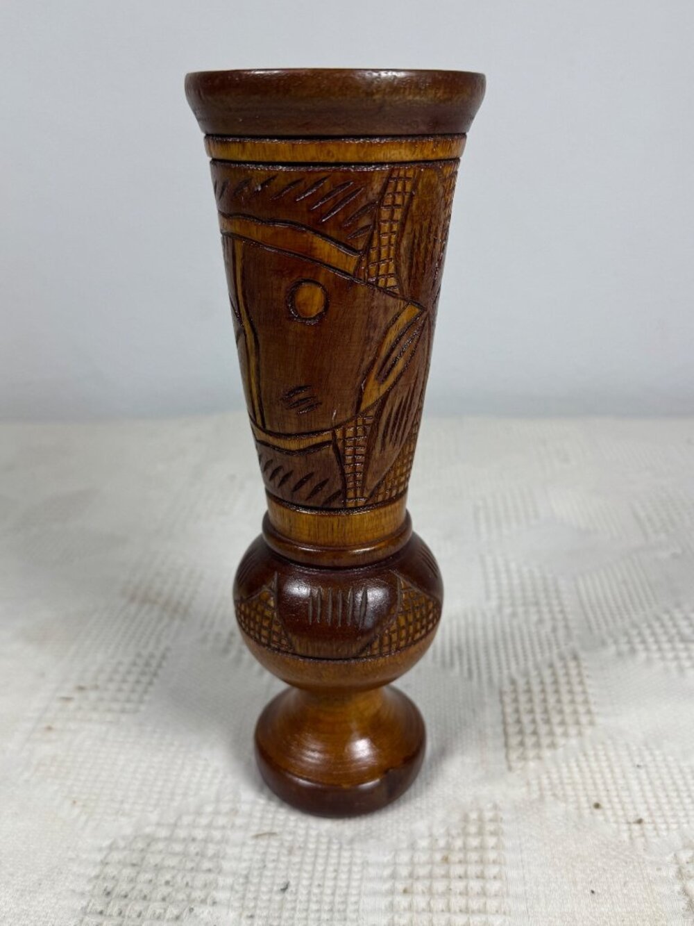 Hand Carved Wooden Vase With Polynesian Style Fish and Floral Design Vintage